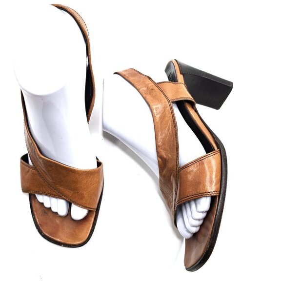 Vintage 90s Y2K Made in Italy Cognac Brown Leather Square Toe Block Heels - Picture 6 of 12